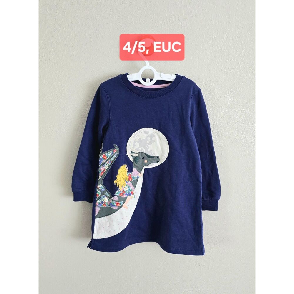 EUC Mini Boden Cosy Appliqué Sweatshirt Dress-Navy Dragons, 4/5